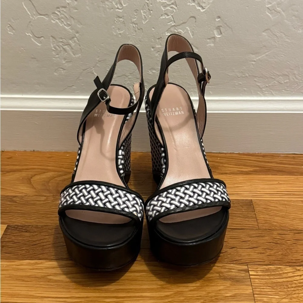 STUART WEITZMAN Black Holiday Pipe Open Toe Platform Wedge Size 7.5 7 1/2‎ Shoes